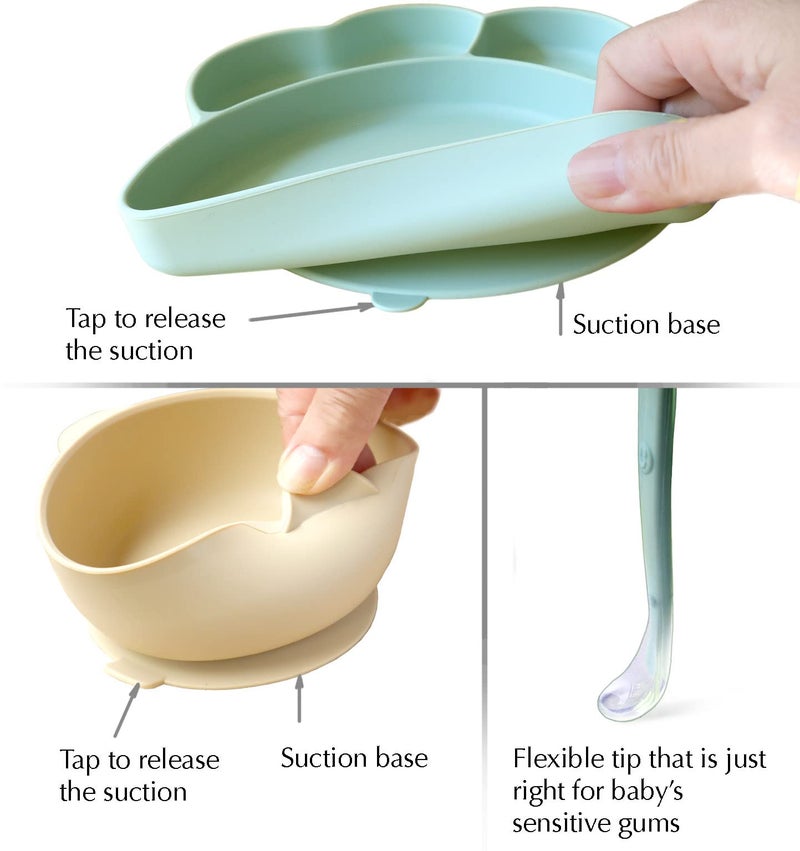 YMCF Products Baby or Toddler Feeding Set | Silicone Bib, Divided Plates, Suction Bowls & Spoons, Dishwasher-Safe, Easy-Wipe Cleaning (Beige/Sage) - Image 3